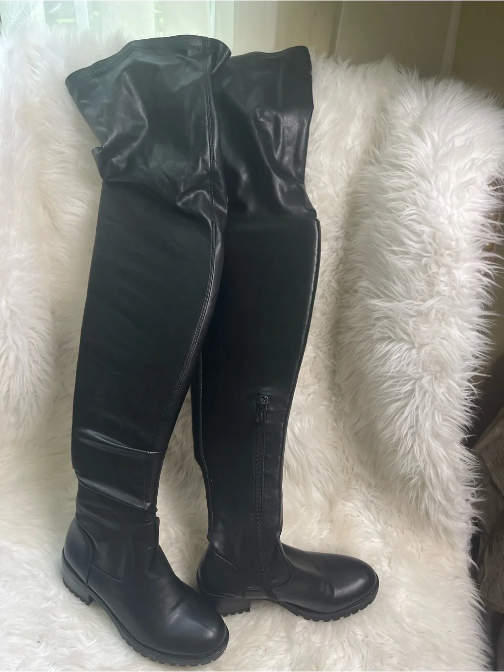 Azalea Wang over the knee black vegan soft leather pull on boots low heels SZ7